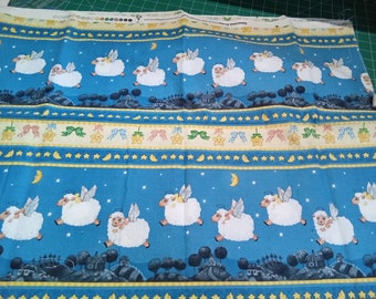 Counting Sheep by South Sea Imports White Sheep Border Stripes Baby Cotton Fabrics - one length 38" by 34" - quilt back