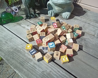 Wood Alphabet block Set Plus Extras - 1 1/8 inch square - carved - painted - printed - 57 pieces