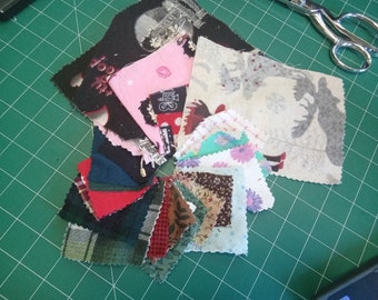 Swatches of flannel fabric offered for sale. 3 by 3 inch square. Up to 3