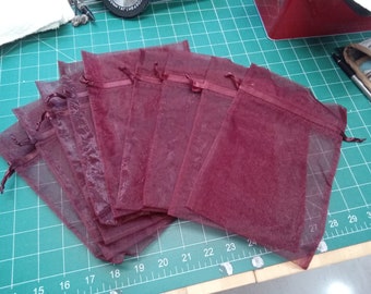 Set of 9 - 6 inches by 9 inches dark red organza drawstring bags - 9 total - ready to ship