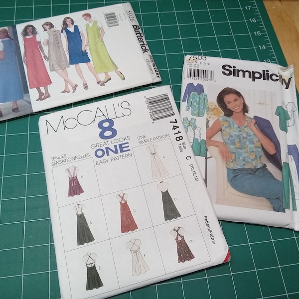 Three patterns - McCalls 7418 size C, Butterick 5926 size 8-10-12 dresses and Simplicity 7503 - Misses Jacket, Top, Pants or Shorts - Size K