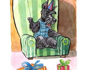 Scottie in an armchair original watercolour