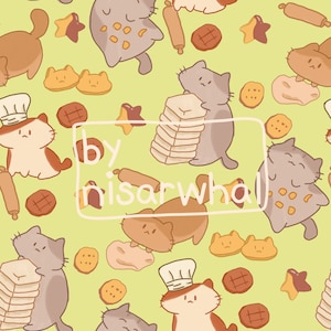 May include: A repeating pattern on a light green background features cartoon cats baking. The cats are in various poses, some wearing chef hats, with bread, cookies, and rolling pins. The text "by nisarwhal" is in a white box.