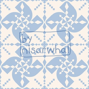 Puede incluir: Un patrón sin costuras con un diseño geométrico azul y blanco. El patrón está formado por formas repetidas que se asemejan a molinetes. El texto "by nisarwhal" está escrito en negro sobre un fondo blanco.