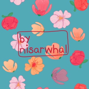 Peut inclure: Un fond bleu sarcelle avec un motif répétitif de fleurs roses, rouges et orange. Le texte "by nisarwhal" est écrit en rouge.