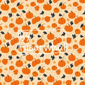 May include: A repeating pattern featuring orange pumpkins, black crows, and yellow leaves on a cream background. The text "by nisarwhat" is overlaid on the design. This pattern is suitable for fall-themed products.