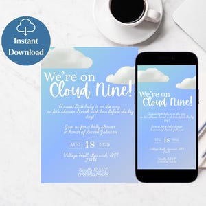 Cloud Nine Baby Shower Invitation | Printable Digital Invite | Editable Canva Template | Blue Sky Theme | Boy Baby Shower Download