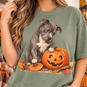 May include: A sage green t-shirt featuring a graphic illustration of a gray and white pit bull puppy sitting next to a carved orange jack-o'-lantern pumpkin. The scene includes scattered autumn leaves, a small pumpkin, and a metal pumpkin scoop.