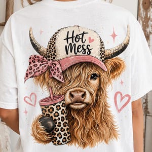 Hot Mess Highland Cow PNG, Leopard Print Western Sublimation, Funny Mom Life Digital Download, Country Girl Shirt File, Coffee Cow Art