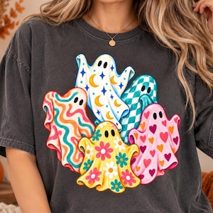 Preppy Ghosts PNG, Retro-Halloween-Sublimation, Groovy Spooky Clipart, Niedlicher gemusterter Geist als digitaler Download, Farbenfrohe Herbstkunst