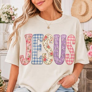 Jesus Patchwork PNG, Faux Embroidery Christian Sublimation, Floral Quilt Digital Download, Religious DTF, Vintage Faith Graphic Tee