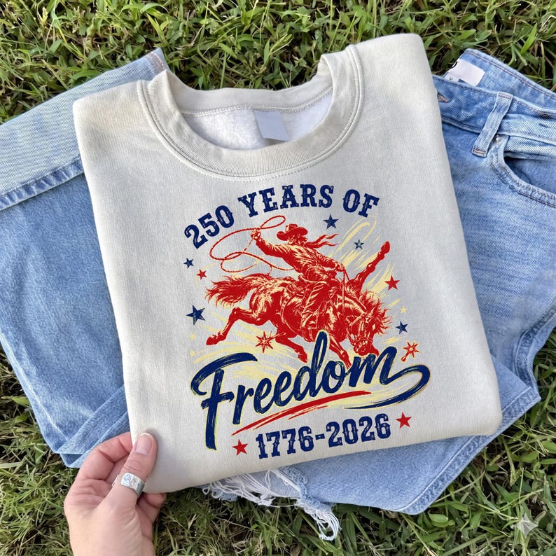 May include: A light beige sweatshirt with a graphic of a cowboy riding a bucking bronco, with the words "250 Years of Freedom 1776-2026" in blue and red. The sweatshirt is folded on top of a pair of blue jeans.