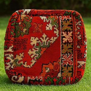 Vintage Moroccan Pouf Ottoman – Handwoven Berber Floor Cushion, Red Wool Boucherouite Style, Boho Home Decor