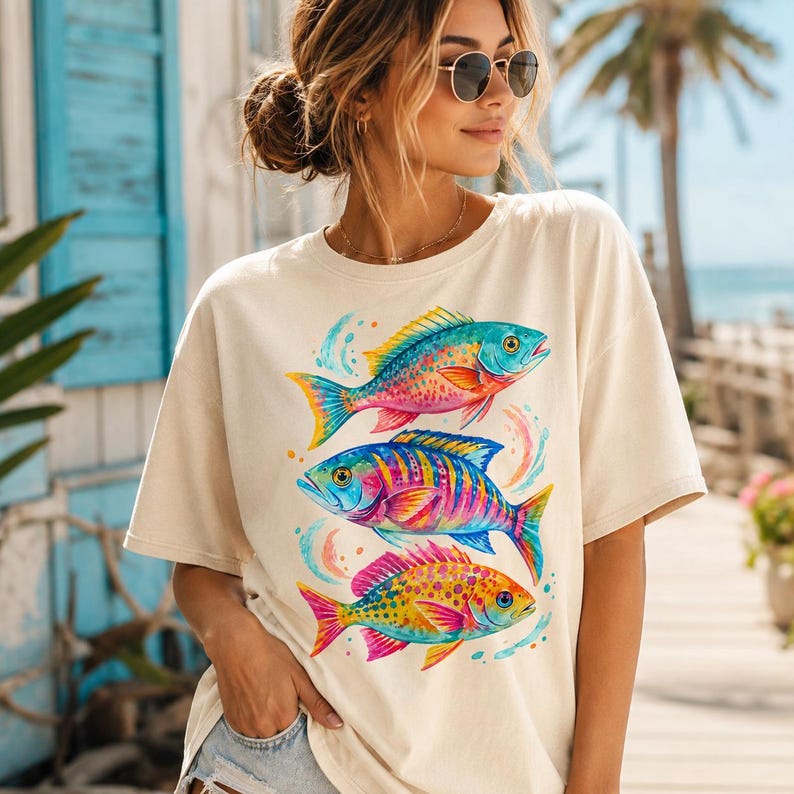 May include: A cream-colored short-sleeve t-shirt featuring a graphic print of three stacked fish. The top fish is blue and pink, the middle fish is blue and purple with stripes, and the bottom fish is yellow and pink with spots, all in a watercolor style.