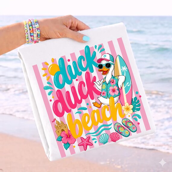Duck Duck Beach PNG, Funny Summer Duck Sublimation, Surfing Goose Digital Download, Tropical Beach Vacation DTF, Colorful Graphic Tee