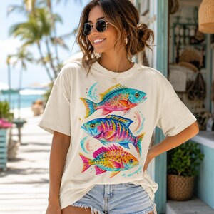 May include: A cream-colored short-sleeve t-shirt featuring a graphic print of three colorful fish stacked vertically. The fish are illustrated in vibrant shades of blue, pink, yellow, and orange with artistic brushstroke details and circular accents.