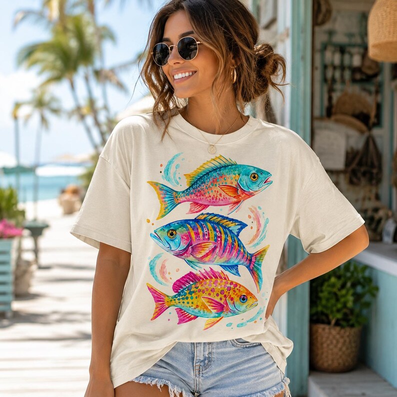 May include: A cream-colored short-sleeve t-shirt featuring a graphic print of three colorful fish stacked vertically. The fish are illustrated in vibrant shades of blue, pink, yellow, and orange with artistic brushstroke details and circular accents.