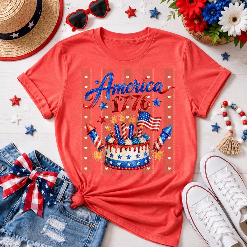 May include: Red t-shirt with a patriotic design featuring the word "America" and the year "1776". The graphic includes a cake with candles, fireworks, and an American flag. The image also includes denim shorts, sunglasses, and a straw hat.