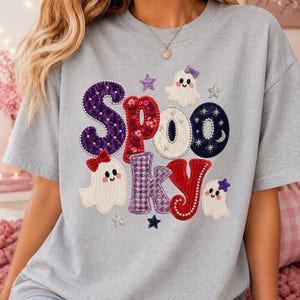 Spooky Faux Embroidery PNG, Cute Ghost Patch Sublimation, Coquette Halloween Digital Download, Pearl Letter Shirt File, 3D Stitched Art
