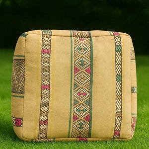 Vintage Moroccan Pouf Ottoman – Handwoven Berber Floor Cushion, Red Wool Boucherouite Style, Boho Home Decor