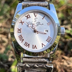 Silver Mesa - Vintage Türkis & Sterlingsilber Damenuhr Saphirglas Verstellbares Armband Goldzeiger