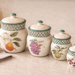 Juego de botes Cornucopia de Raymond Waites, estilo vintage toscano, para guardar frutas y frutas en la cocina, de cerámica con esmalte craquelado, juego de 4 unidades.