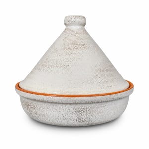 May include: A white ceramic tagine pot with a conical lid and a round base. The pot has a textured, speckled surface with a thin orange rim. The lid has a small knob at the top.