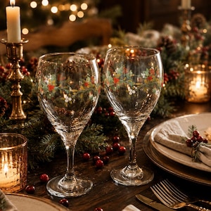 Puede incluir: Dos copas de vino transparentes con un diseño festivo de acebo y bayas. Las copas están sobre una mesa de madera con velas, vegetación y cubiertos, creando un ambiente cálido y festivo.