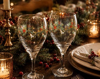 Vintage Christmas Holly Berry Wine Goblets Set of 2 Holiday Stemware 14oz Festive Glasses Cottagecore Barware Seasonal Entertaining Decor