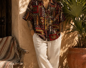 Camisa vintage de los 90 de rayón con estampado tribal, talla 2XL, corte holgado, estilo suroeste, con botones y estampado geométrico.