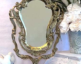 Antique Solid Brass Tilting Vanity Mirror Art Nouveau Tabletop Intricate Detail