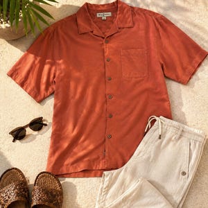 Vintage Tommy Bahama Silk Camp Shirt Orange Embroidered Hawaiian Resortwear image 2