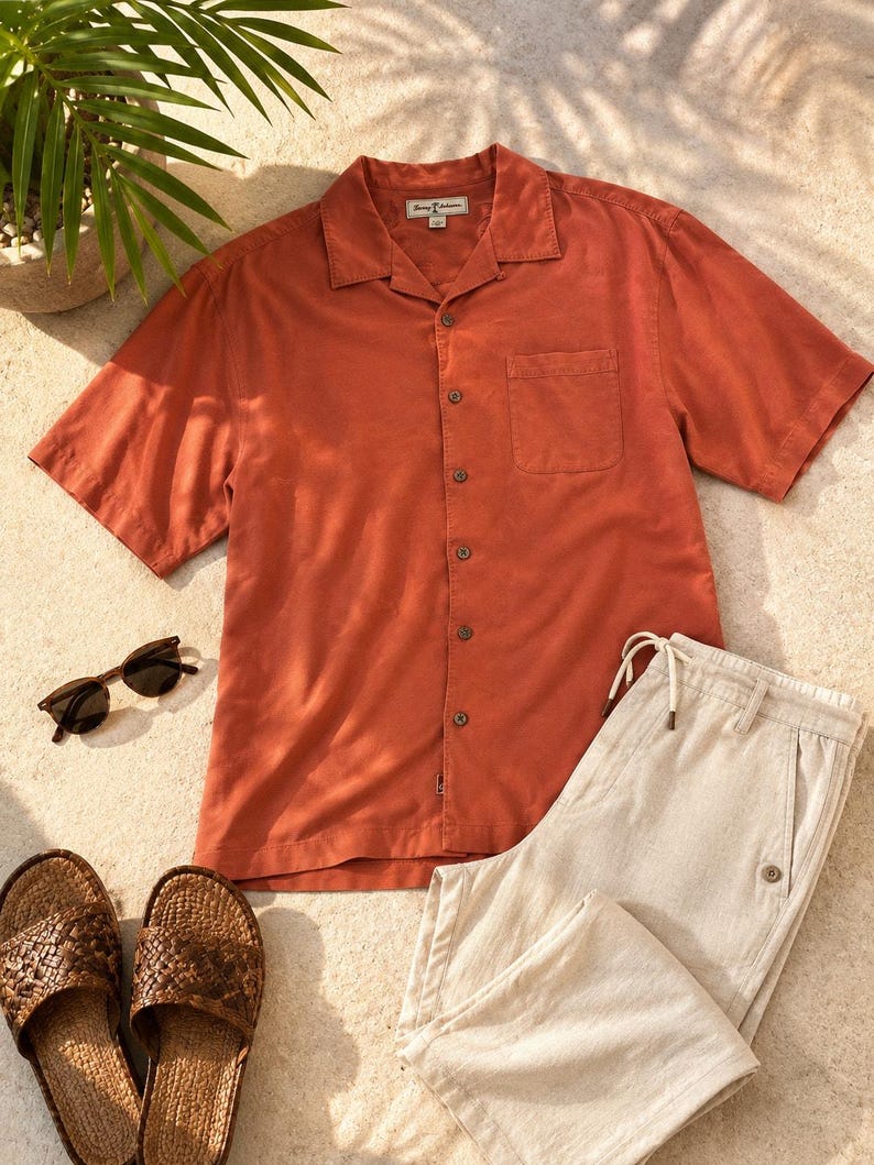 Vintage Tommy Bahama Silk Camp Shirt Orange Embroidered Hawaiian Resortwear image 2