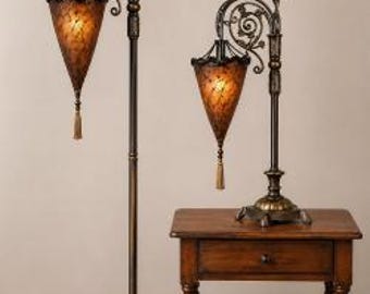 Vintage Hollywood Regency Lamp Pair, Matching Floor and Table Lamps, Parasol Shade Lamps, Ornate Bronze Lighting, Tuscan Mediterranean Decor