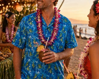 Blue Sea Turtle Hawaiian Shirt XL Tropical Aloha Beach Shirt Mens