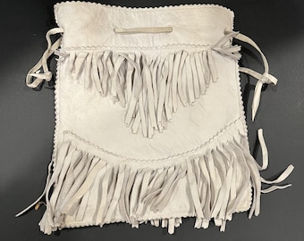 1950s Vintage White Fringe Suede Purse | Boho Hippie Handbag | Mod Drawstring Bag