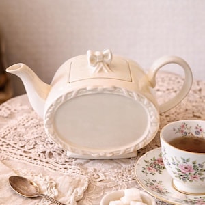 May include: Cream-colored ceramic teapot with a bow-shaped handle on the lid. The teapot has an oval base and is next to a teacup with a floral design. A spoon and sugar cubes are also visible.
