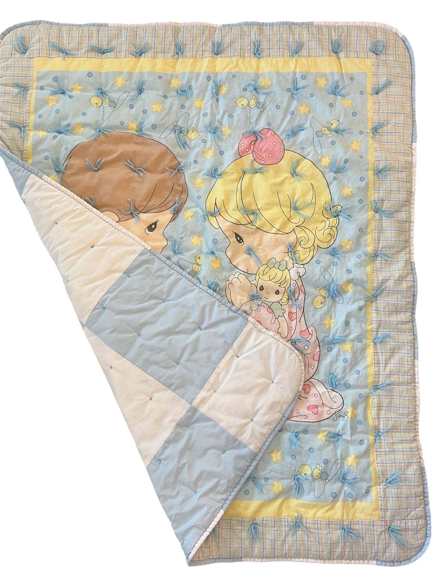 Vintage Precious moments, handmade, yarn, tied baby quilt, crib quilt