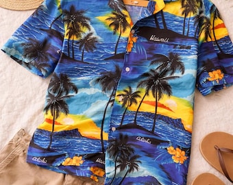 Vintage Hawaiian Shirt Mens Large Blue Aloha Shirt Tropical Palm Tree Sunset Royal Creations Hawaii Button Up