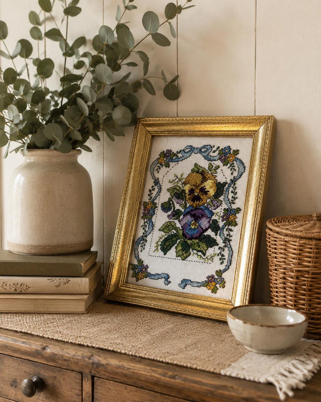Vintage Framed Cross Stitch Pansy Floral Needlepoint Wall Art ...