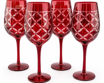Vintage Cellini Ruby Red Cut Crystal Wine Goblets Set of 4, Red Crystal Stemware, Elegant Wine Glasses, Holiday Table Decor, Wedding Gift