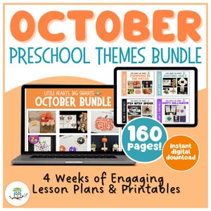 Op de afbeelding: Een digitale downloadbundel voor kleuterthema's. De afbeelding toont een laptop en tablet met lesplannen en printables voor oktober. De titel "October Preschool Themes Bundle" is in het oranje, met de tekst "160 Pagina's!" en "Directe digitale download".