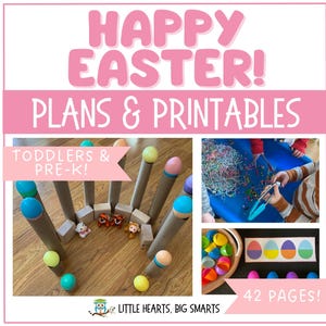 Könnte beinhalten: Ein rosa-weißes Druckpaket für Kleinkinder und Vorschulkinder mit dem Text "Frohe Ostern! Pläne & Druckvorlagen" und "42 Seiten!" Das Paket enthält Aktivitäten wie eine Sinnesbox mit buntem Konfetti, ein Eierwurfspiel mit Papprollen und eine Farbzuordnungsaktivität.