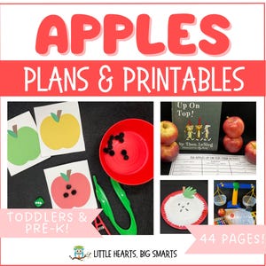 May include: A colorful educational resource titled "APPLES PLANS & PRINTABLES" for toddlers and pre-K children. The image features apple-themed crafts, a book, and a STEM activity, including a red plate with black beads and green tongs.