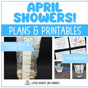May include: A colorful educational printable set for toddlers and pre-K children. The image features the text "April Showers! Plans & Printables" and includes activity pages, a rain gauge, and a bird in a nest. The set contains 40 pages.
