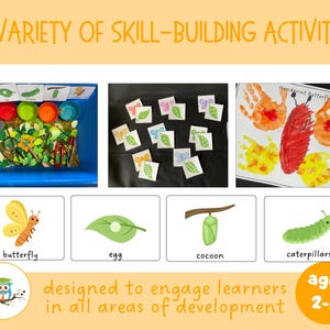 K&ouml;nnte beinhalten: Ein farbenfrohes Lernspielset f&uuml;r Kinder im Alter von 2-5 Jahren zum Thema des Schmetterlingslebenszyklus. Das Set enth&auml;lt eine Sinnesbox mit gr&uuml;nen Bl&auml;ttern, einem Schmetterling, einem Kokon und einem Ei. Au&szlig;erdem gibt es passende Karten mit Bildern der einzelnen Phasen des Schmetterlingslebenszyklus. Das Set ist so konzipiert, dass es Lernende in allen Bereichen der Entwicklung f&ouml;rdert.