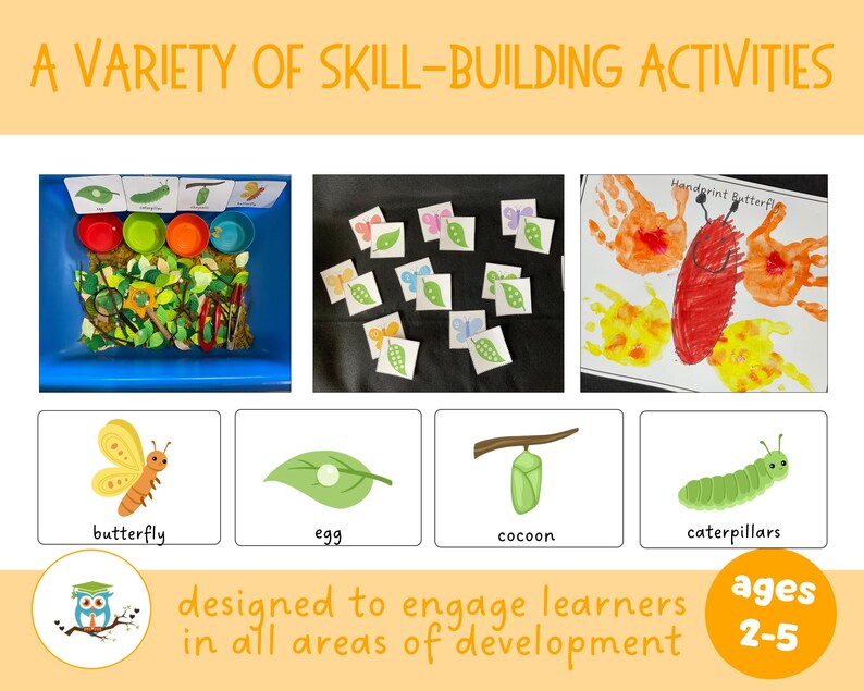 K&ouml;nnte beinhalten: Ein farbenfrohes Lernspielset f&uuml;r Kinder im Alter von 2-5 Jahren zum Thema des Schmetterlingslebenszyklus. Das Set enth&auml;lt eine Sinnesbox mit gr&uuml;nen Bl&auml;ttern, einem Schmetterling, einem Kokon und einem Ei. Au&szlig;erdem gibt es passende Karten mit Bildern der einzelnen Phasen des Schmetterlingslebenszyklus. Das Set ist so konzipiert, dass es Lernende in allen Bereichen der Entwicklung f&ouml;rdert.