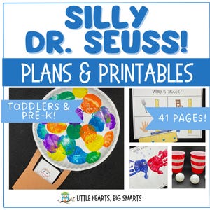 May include: A colorful educational printable set for toddlers and pre-K children, featuring Dr. Seuss themes. The image includes a plate with colorful paint, a page with the text "Which is Bigger?", and other activities. The set contains 41 pages.