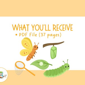 K&ouml;nnte beinhalten: Ein digitaler Download einer 37-seitigen PDF-Datei mit Illustrationen eines Schmetterlings, einer Raupe und eines Kokons. Der Text "WHAT YOU'LL RECEIVE" und "PDF File (37 pages)" ist ebenfalls im Bild enthalten.