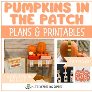 Puede incluir: Imagen promocional para un recurso educativo infantil titulado "Pumpkins in the Patch". La imagen presenta varias calabazas, un letrero que dice "Pumpkins for Sale!", y el texto "Toddlers & Pre-K!" y "42 Pages!"